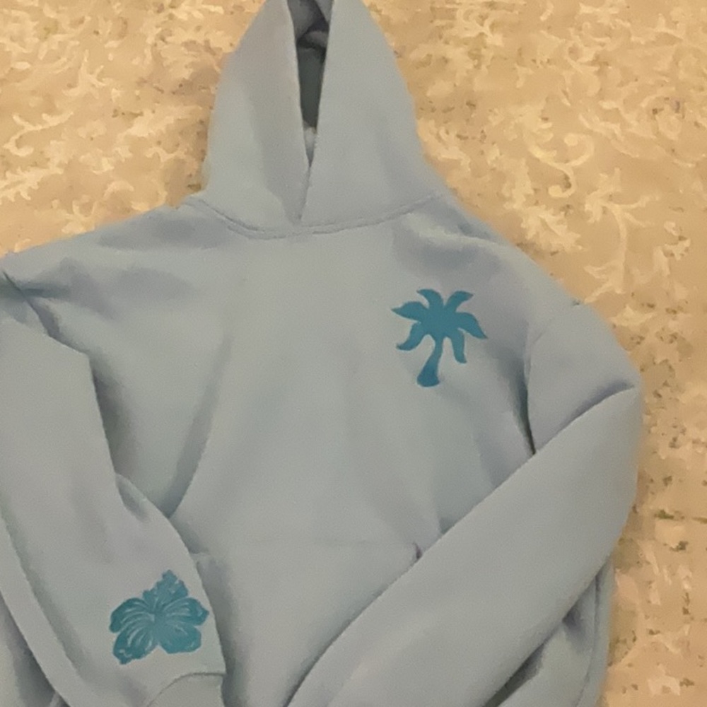 NEW women’s XS PINK PALM PUFF HOODIE BLUE